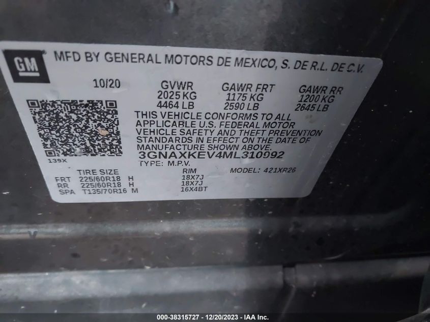 3GNAXKEV4ML310992 2021 Chevrolet Equinox Fwd Lt