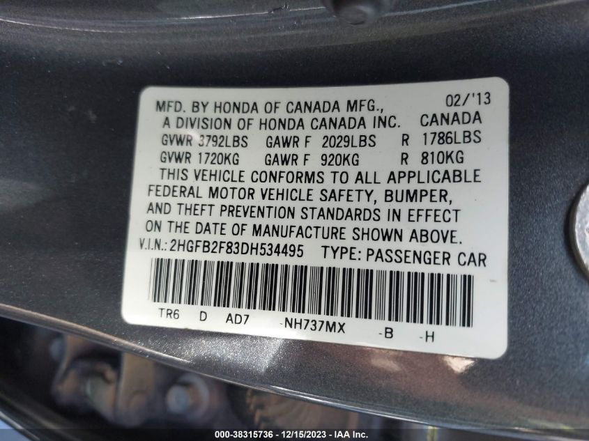 2HGFB2F83DH534495 2013 Honda Civic Ex