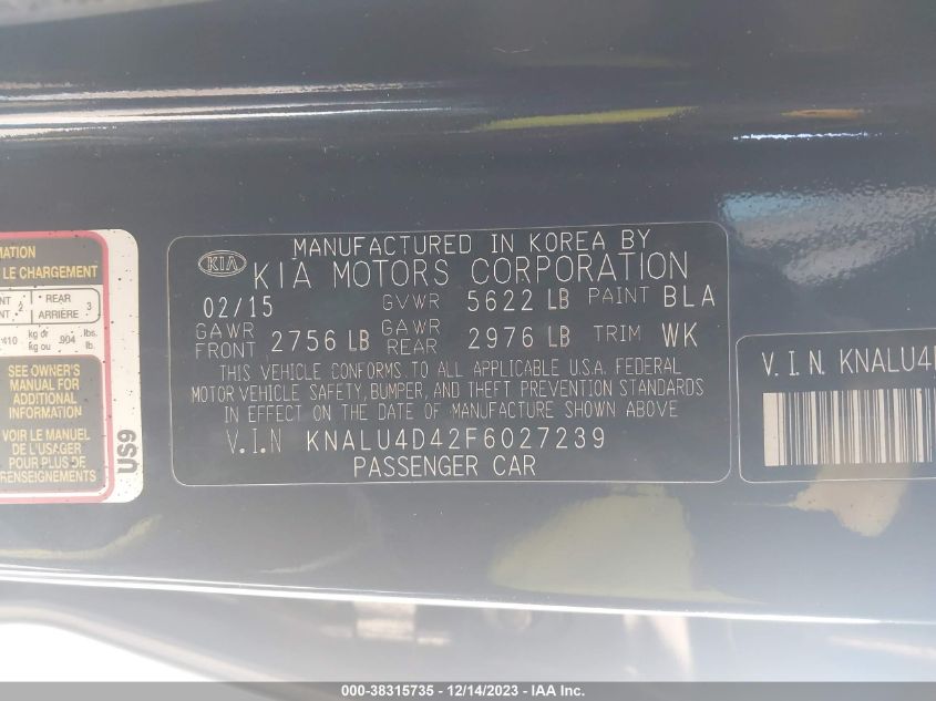 2015 Kia K900 Premium VIN: KNALU4D42F6027239 Lot: 38315735