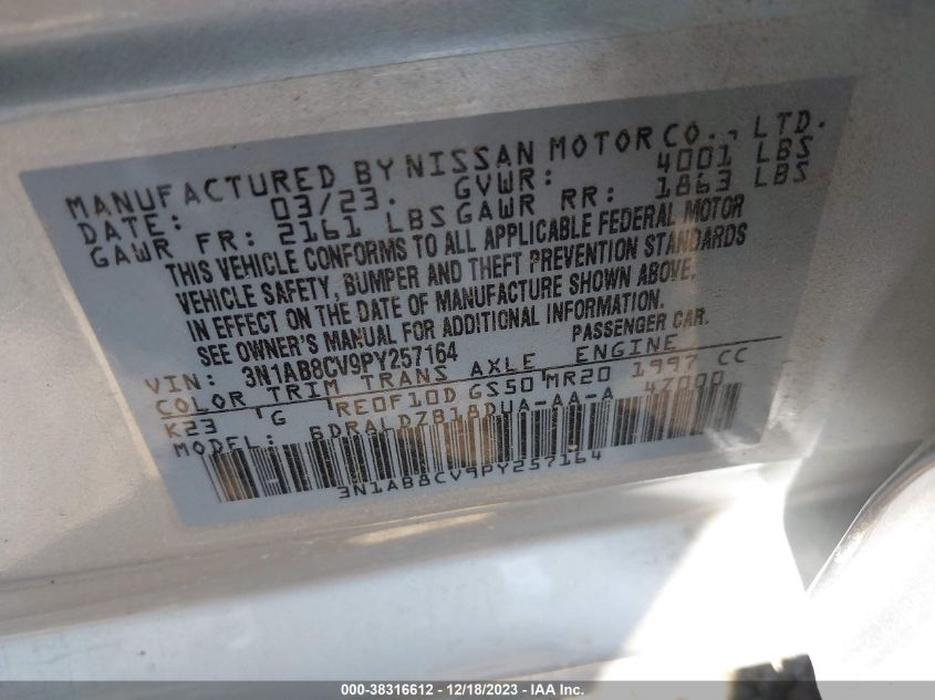 2023 Nissan Sentra Sv Xtronic Cvt VIN: 3N1AB8CV9P1257164 Lot: 38316612