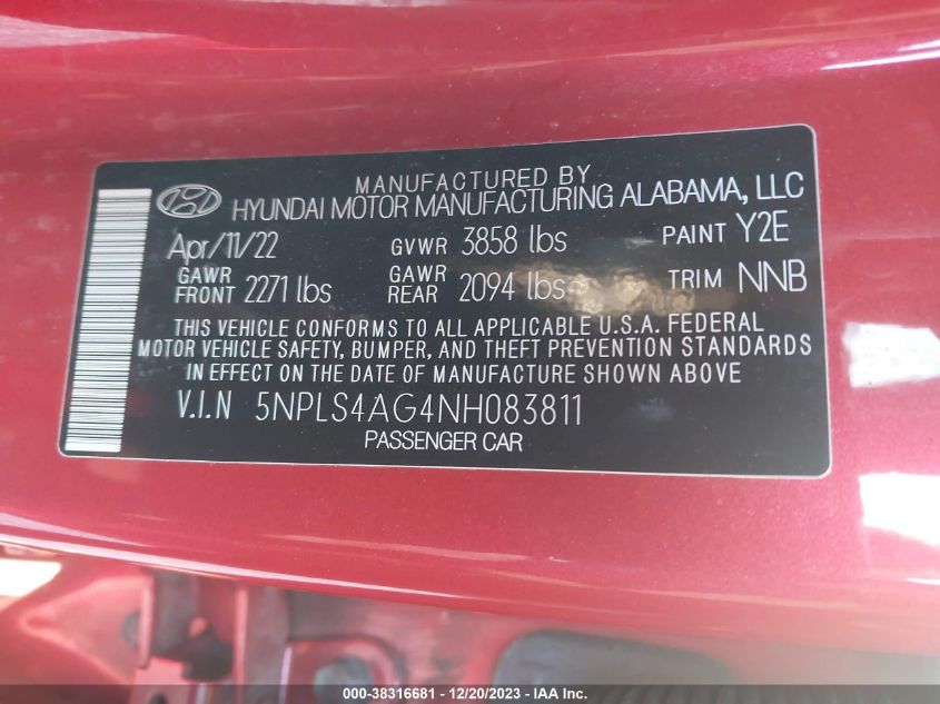 5NPLS4AG4NH083811 2022 Hyundai Elantra Sel