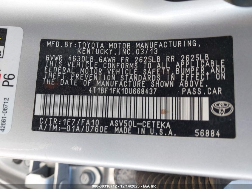 2013 Toyota Camry L VIN: 4T1BF1FK1DU668437 Lot: 38316712