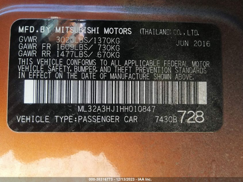 2017 Mitsubishi Mirage Es VIN: ML32A3HJ1HH010847 Lot: 38316773