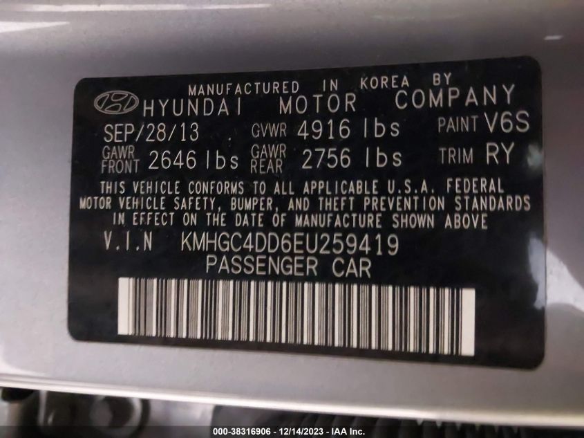 2014 Hyundai Genesis 3.8 VIN: KMHGC4DD6EU259419 Lot: 38316906