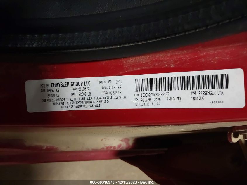 2011 Dodge Avenger Lux VIN: 1B3BD2FBXBN535197 Lot: 38316973