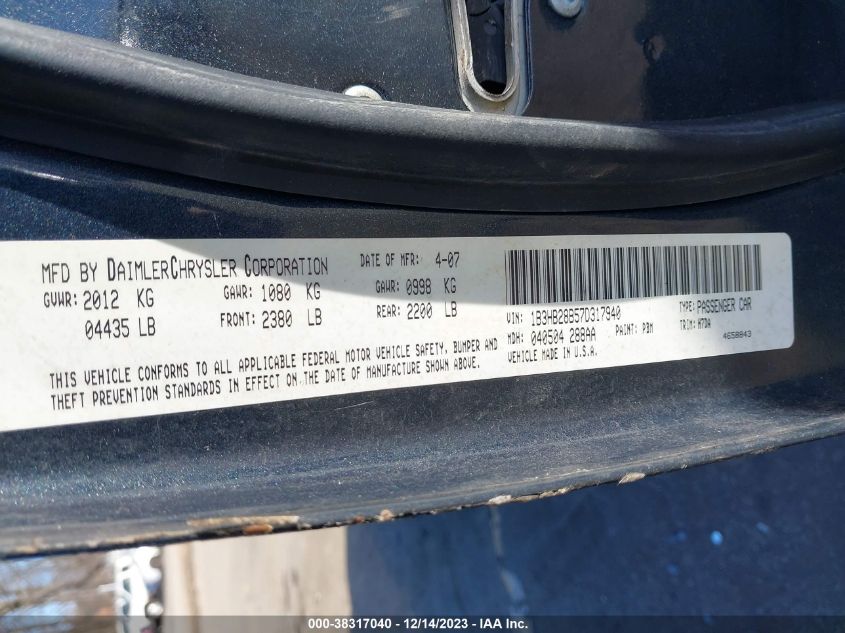 2007 Dodge Caliber VIN: 1B3HB28B57D317940 Lot: 38317040