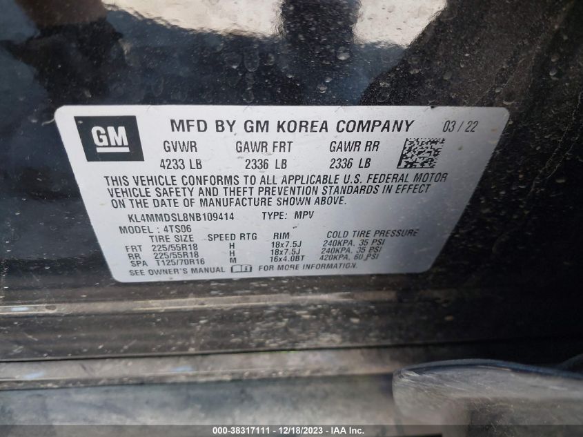 KL4MMDSL8NB109414 2022 Buick Encore Gx Fwd Select