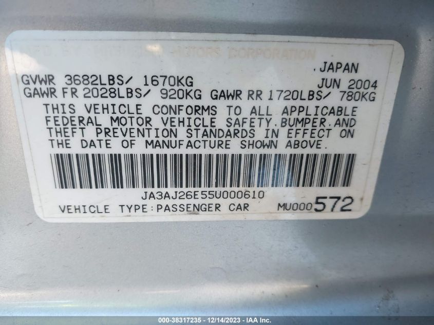 2005 Mitsubishi Lancer Es VIN: JA3AJ26E55U000610 Lot: 38317235