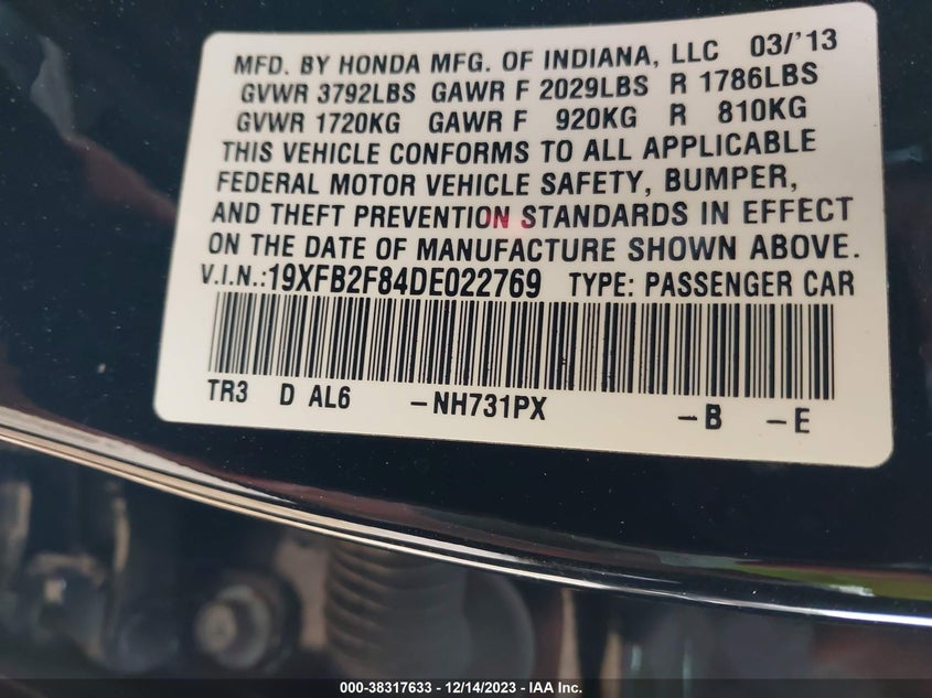 2013 Honda Civic Sdn Ex VIN: 19XFB2F84DE022769 Lot: 38317633