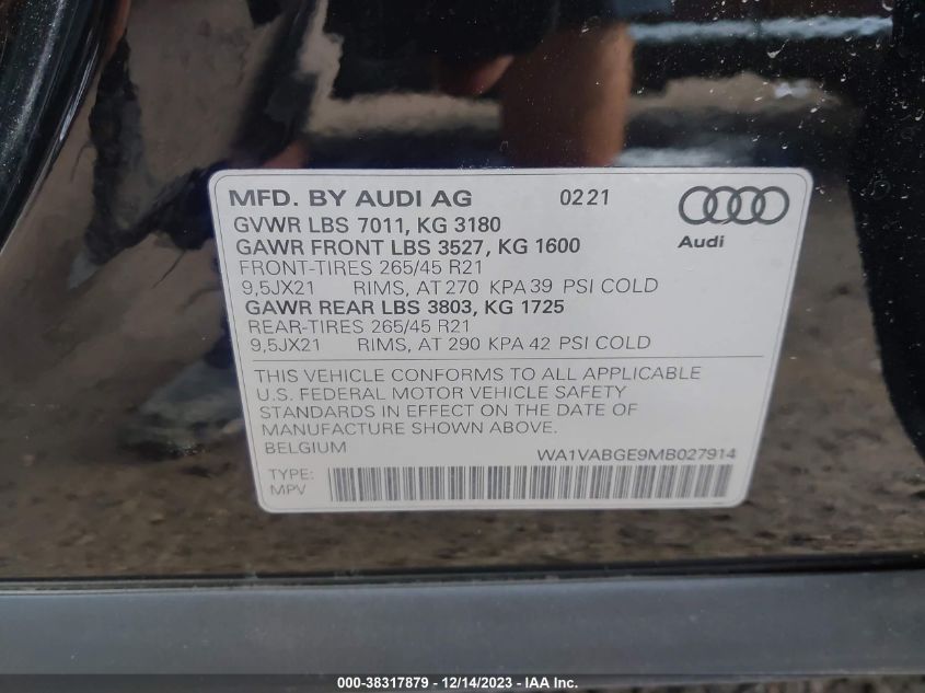 2021 Audi E-Tron Prestige Quattro VIN: WA1VABGE9MB027914 Lot: 38317879