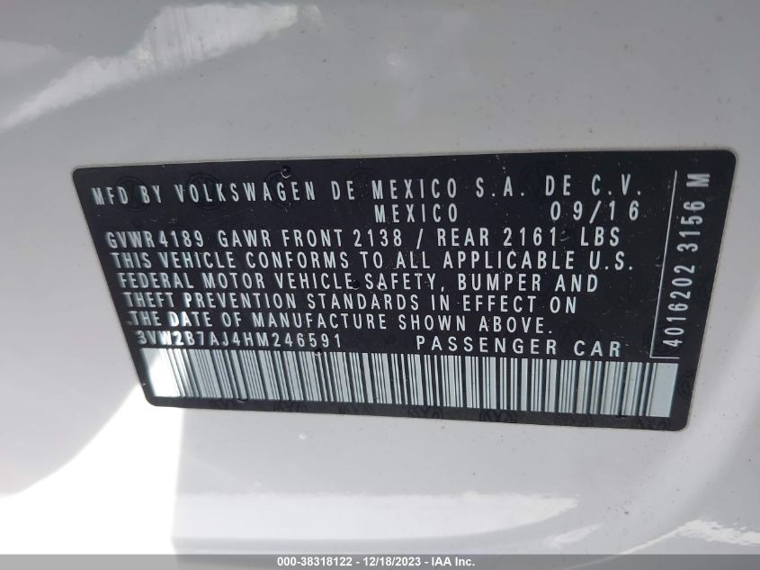 3VW2B7AJ4HM246591 2017 Volkswagen Jetta 1.4T S