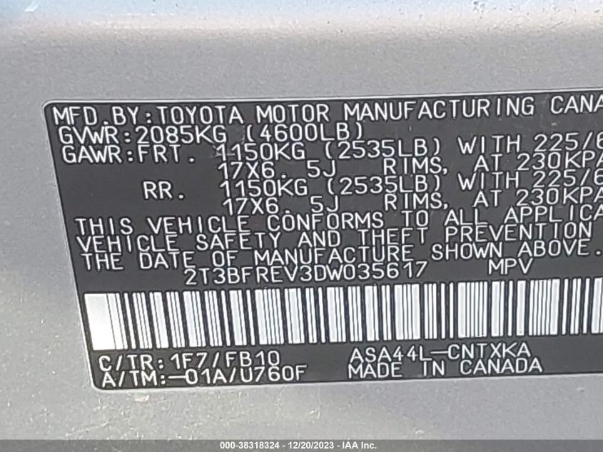 2013 Toyota Rav4 Le VIN: 2T3BFREV3DW035617 Lot: 38318324