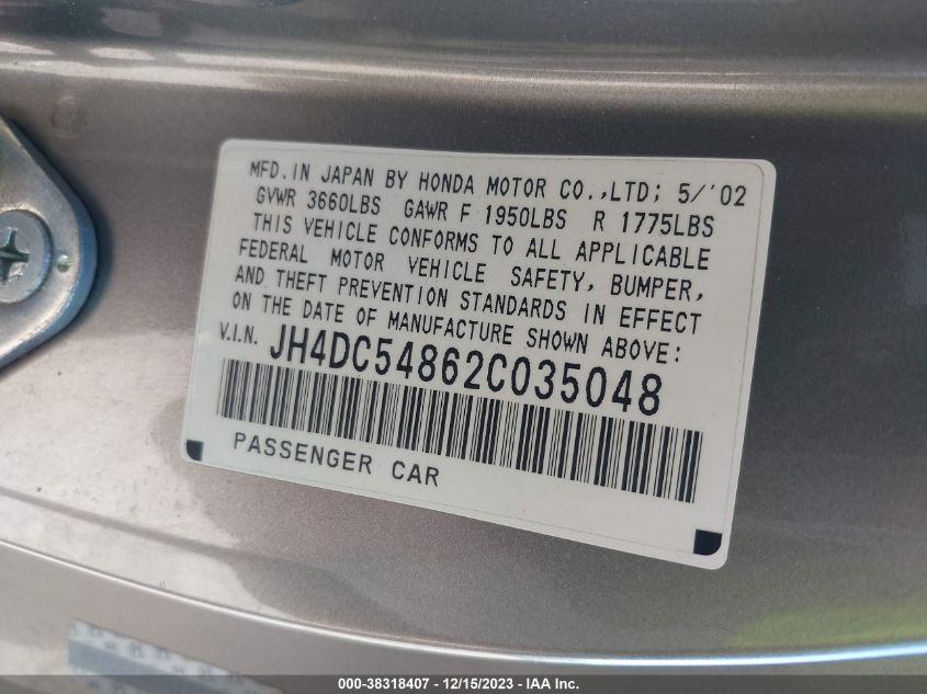 2002 Acura Rsx Auto/Auto W/Leather VIN: JH4DC54862C035048 Lot: 38318407