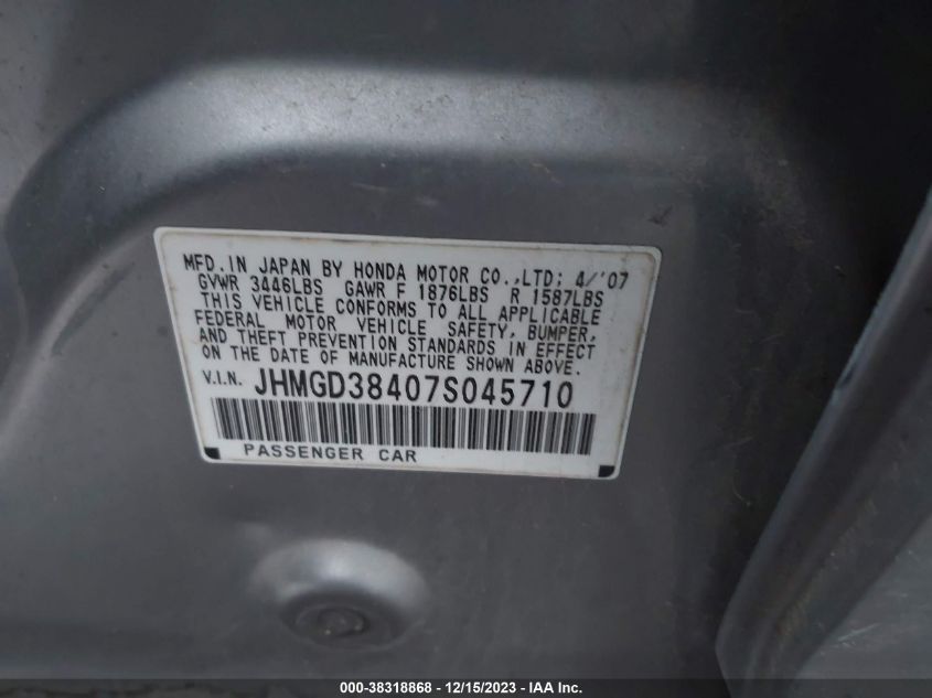 2007 Honda Fit VIN: JHMGD38407S045710 Lot: 38318868