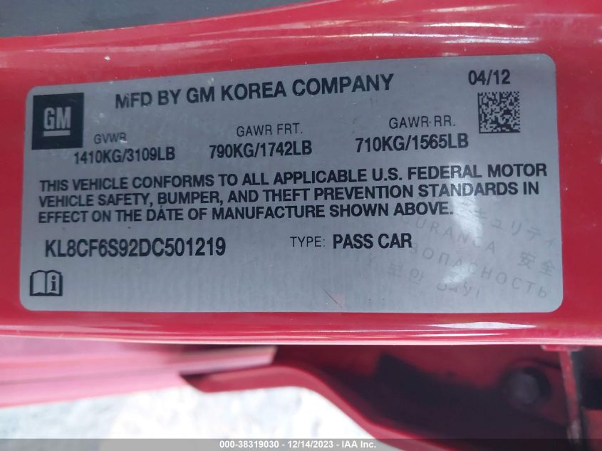 2013 Chevrolet Spark 2Lt Auto VIN: KL8CF6S92DC501219 Lot: 38319030