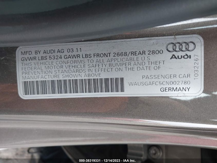 2012 Audi A7 3.0 Prestige VIN: WAUSGAFC5CN002780 Lot: 38319331