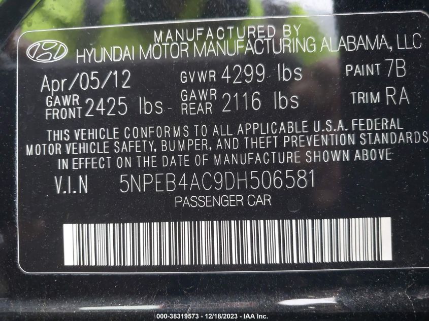 5NPEB4AC9DH506581 2013 Hyundai Sonata Gls