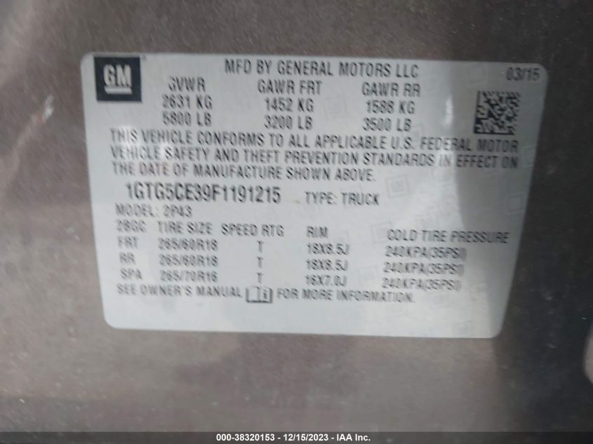 2015 GMC Canyon Slt VIN: 1GTG5CE39F1191215 Lot: 38320153