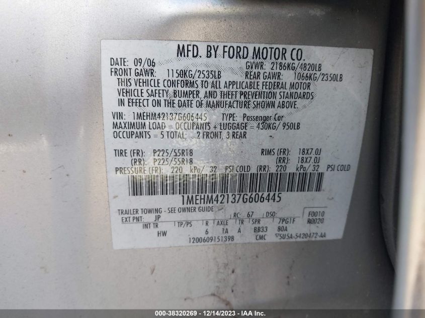 2007 Mercury Montego Premier VIN: 1MEHM42137G606445 Lot: 38320269