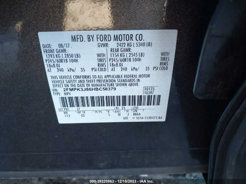 2FMPK3J86HBC58379 2017 Ford Edge Sel