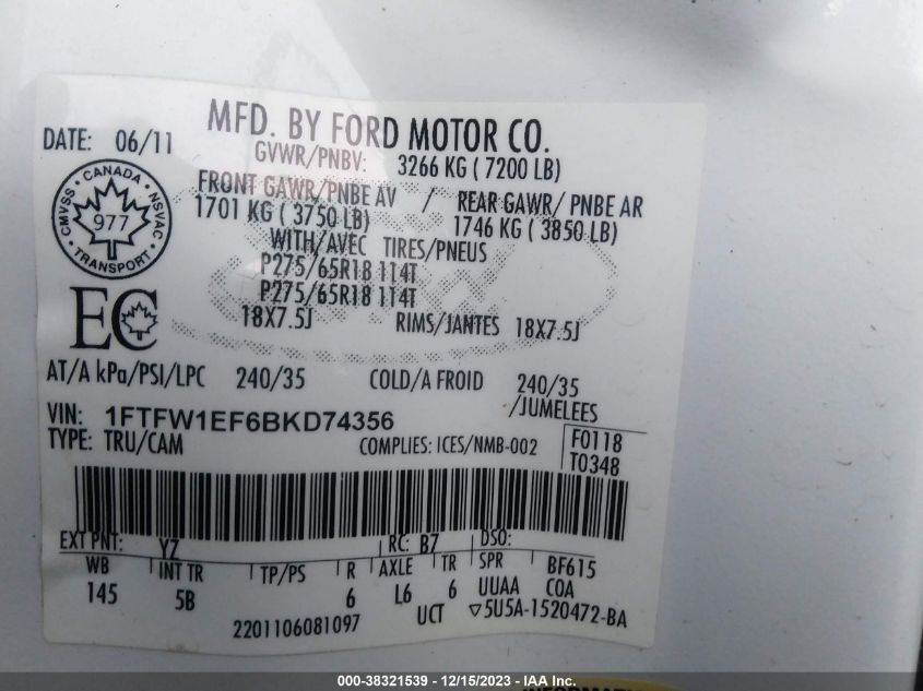 1FTFW1EF6BKD74356 2011 Ford F-150 Fx4