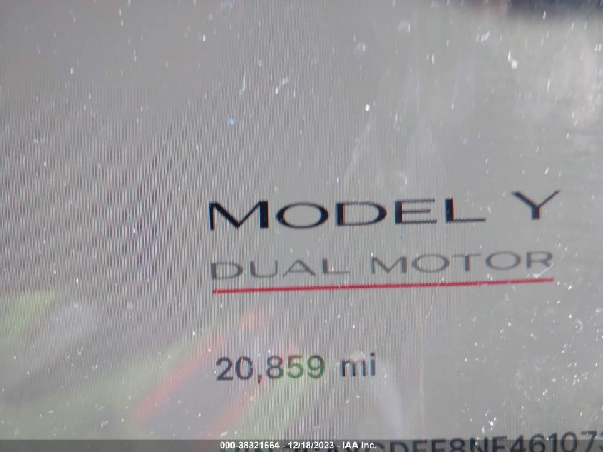 2022 Tesla Model Y Performance Dual Motor All-Wheel Drive VIN: 7SAYGDEF8NF461073 Lot: 38321664