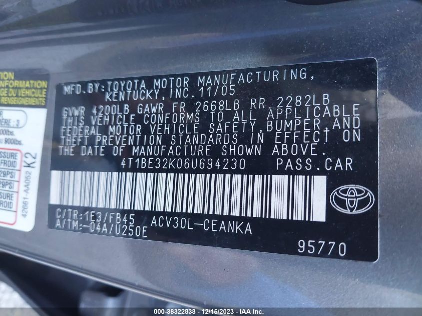 4T1BE32K06U694230 2006 Toyota Camry Le