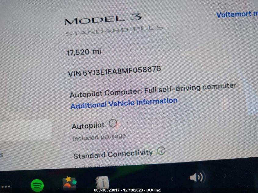 2021 Tesla Model 3 Standard Range Plus Rear-Wheel Drive VIN: 5YJ3E1EA8MF058676 Lot: 38323017