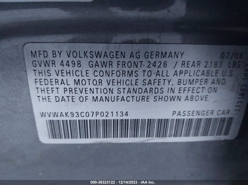 WVWAK93C07P021134 2007 Volkswagen Passat 2.0T/Wolfsburg Edition