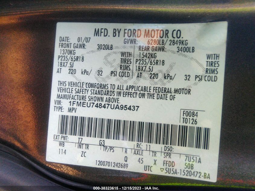 1FMEU74847UA95437 2007 Ford Explorer Eddie Bauer