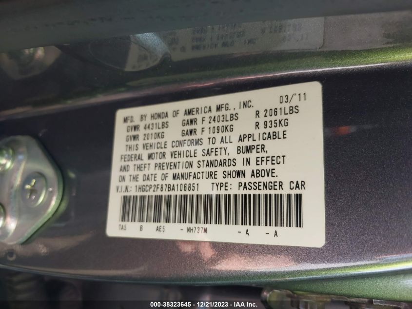 1HGCP2F87BA106851 2011 Honda Accord 2.4 Ex-L