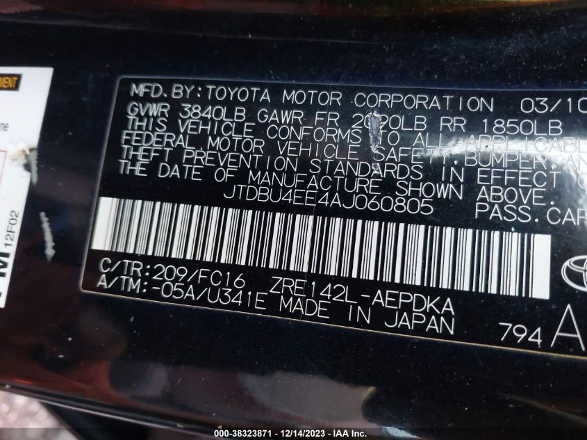 2010 Toyota Corolla Le VIN: JTDBU4EE4AJ060805 Lot: 38323871