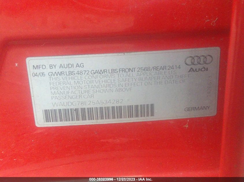 WAUDG78E25A534282 2005 Audi A4 3.2L