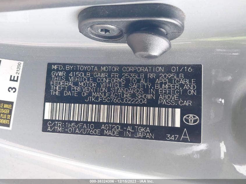 2016 Scion Tc VIN: JTKJF5C76GJ022204 Lot: 38324306