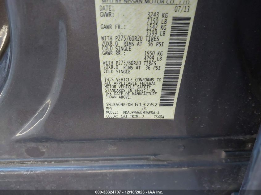 2013 Nissan Armada Platinum VIN: 5N1BA0NF2DN613762 Lot: 38324707