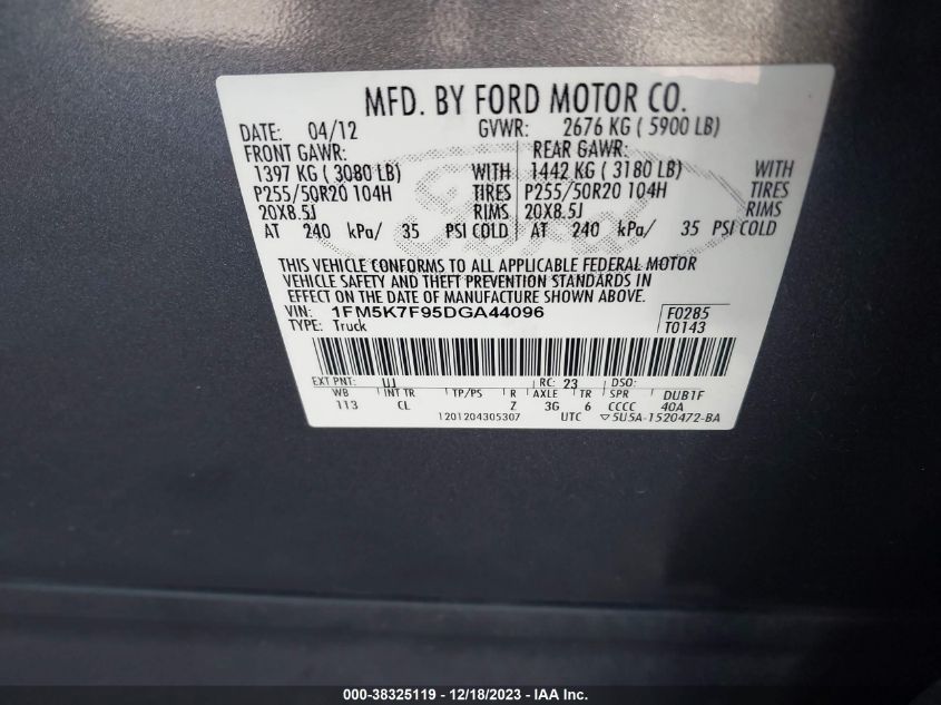 1FM5K7F95DGA44096 2013 Ford Explorer Limited