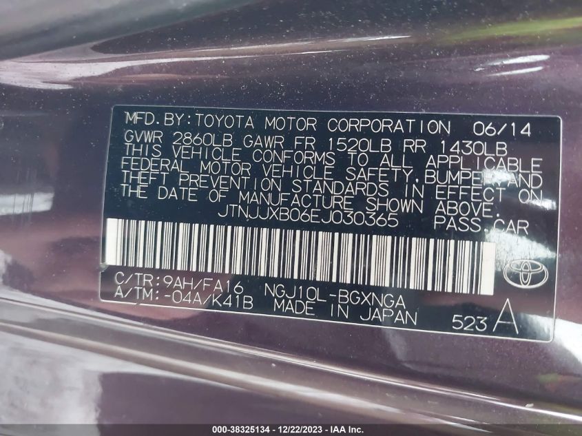 2014 Scion Iq VIN: JTNJJXB06EJ030365 Lot: 38325134