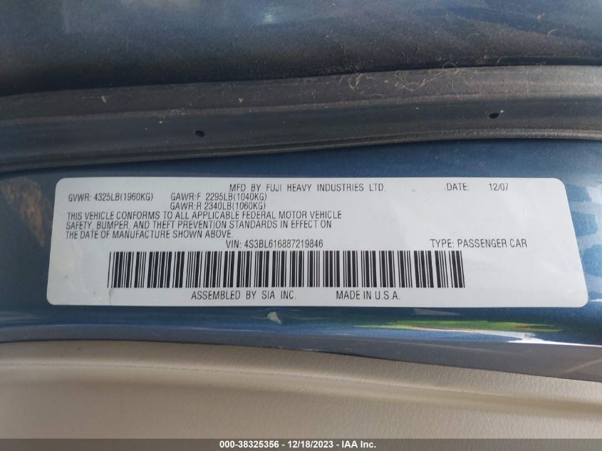 2008 Subaru Legacy 2.5I VIN: 4S3BL616887219846 Lot: 38325356
