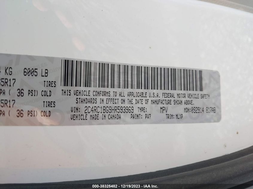 2017 Chrysler Pacifica Touring-L VIN: 2C4RC1BG9HR593969 Lot: 38325482