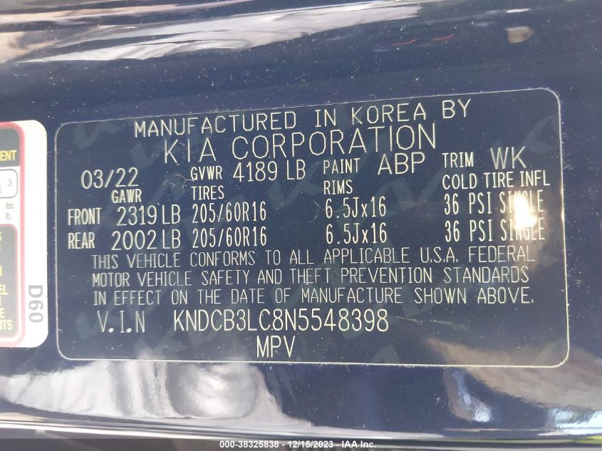 KNDCB3LC8N5548398 2022 Kia Niro Lxs