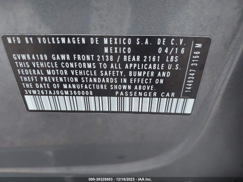 3VW267AJ0GM360008 2016 Volkswagen Jetta 1.4T S