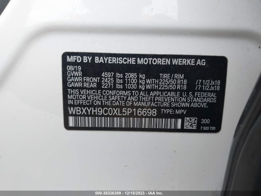 2020 BMW X2 Sdrive28I VIN: WBXYH9C0XL5P16698 Lot: 38326389