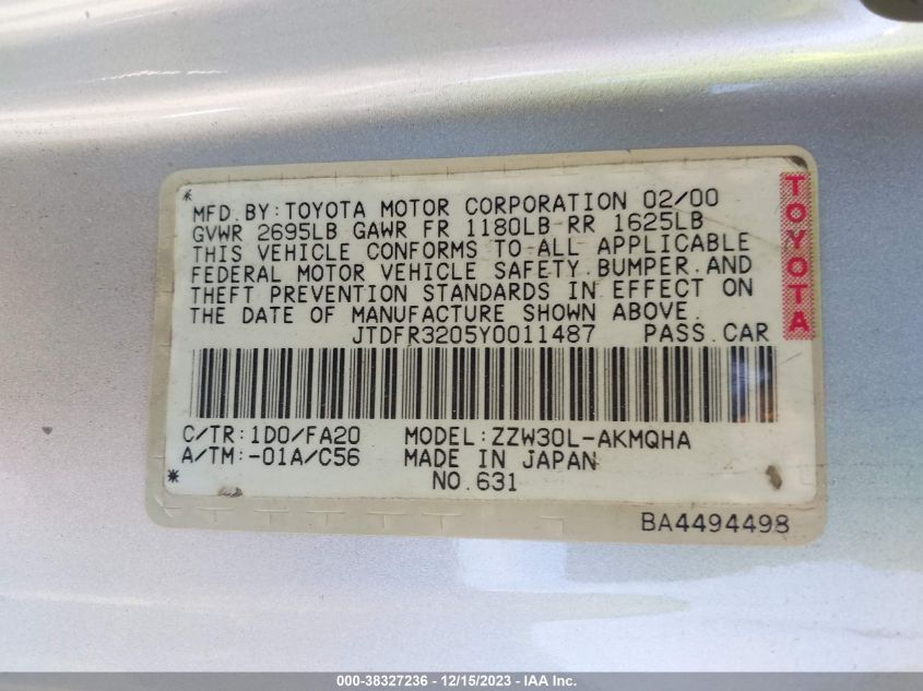 2000 Toyota Mr2 Spyder VIN: JTDFR3205Y0011487 Lot: 38327236