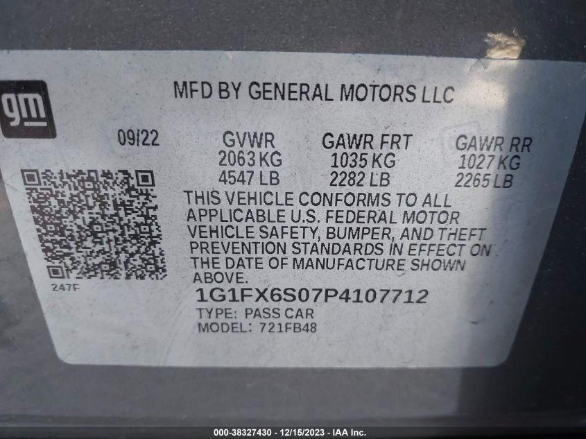 2023 Chevrolet Bolt Ev Fwd 2Lt VIN: 1G1FX6S07P4107712 Lot: 38327430