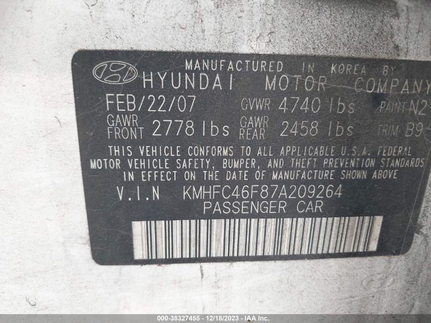 KMHFC46F87A209264 2007 Hyundai Azera Limited/Se