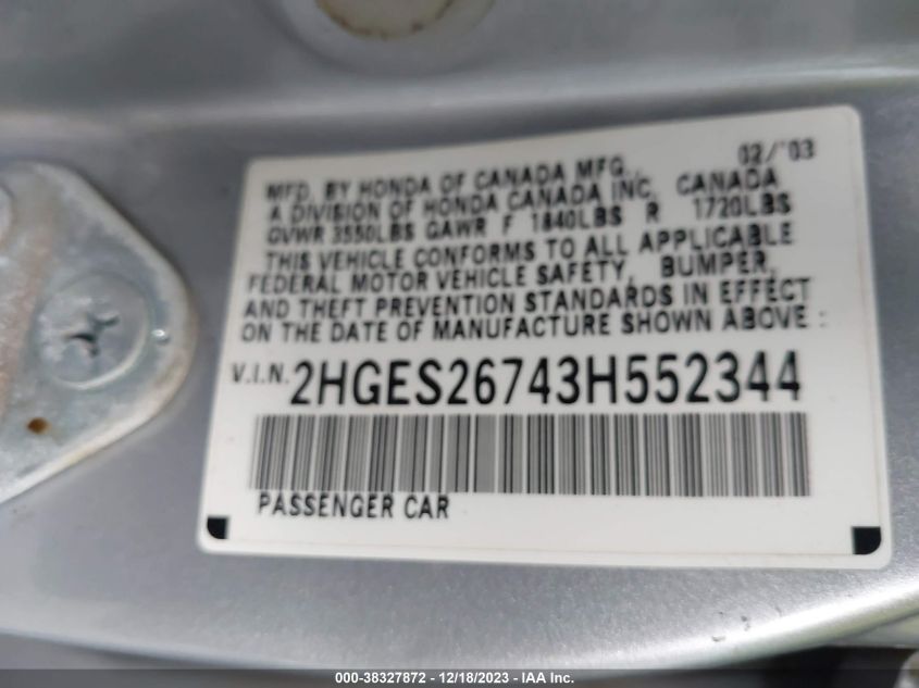 2HGES26743H552344 2003 Honda Civic Ex