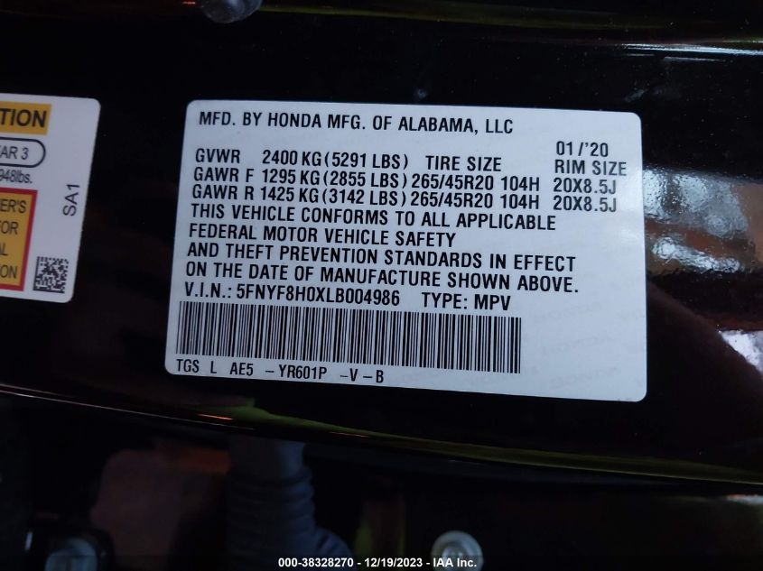 2020 Honda Passport Awd Elite VIN: 5FNYF8H0XLB004986 Lot: 38328270