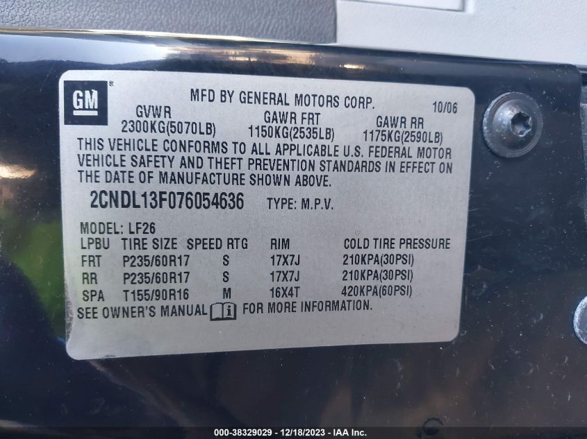 2CNDL13F076054636 2007 Chevrolet Equinox Ls