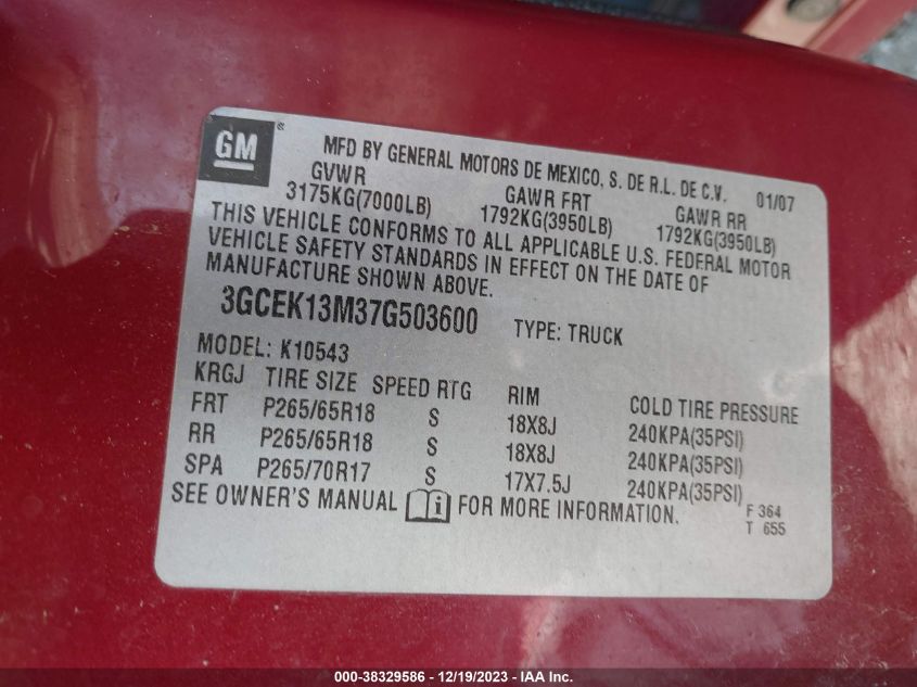 3GCEK13M37G503600 2007 Chevrolet Silverado 1500 Lt1