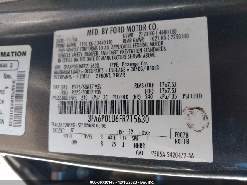 3FA6P0LU6FR215630 2015 Ford Fusion Hybrid Se